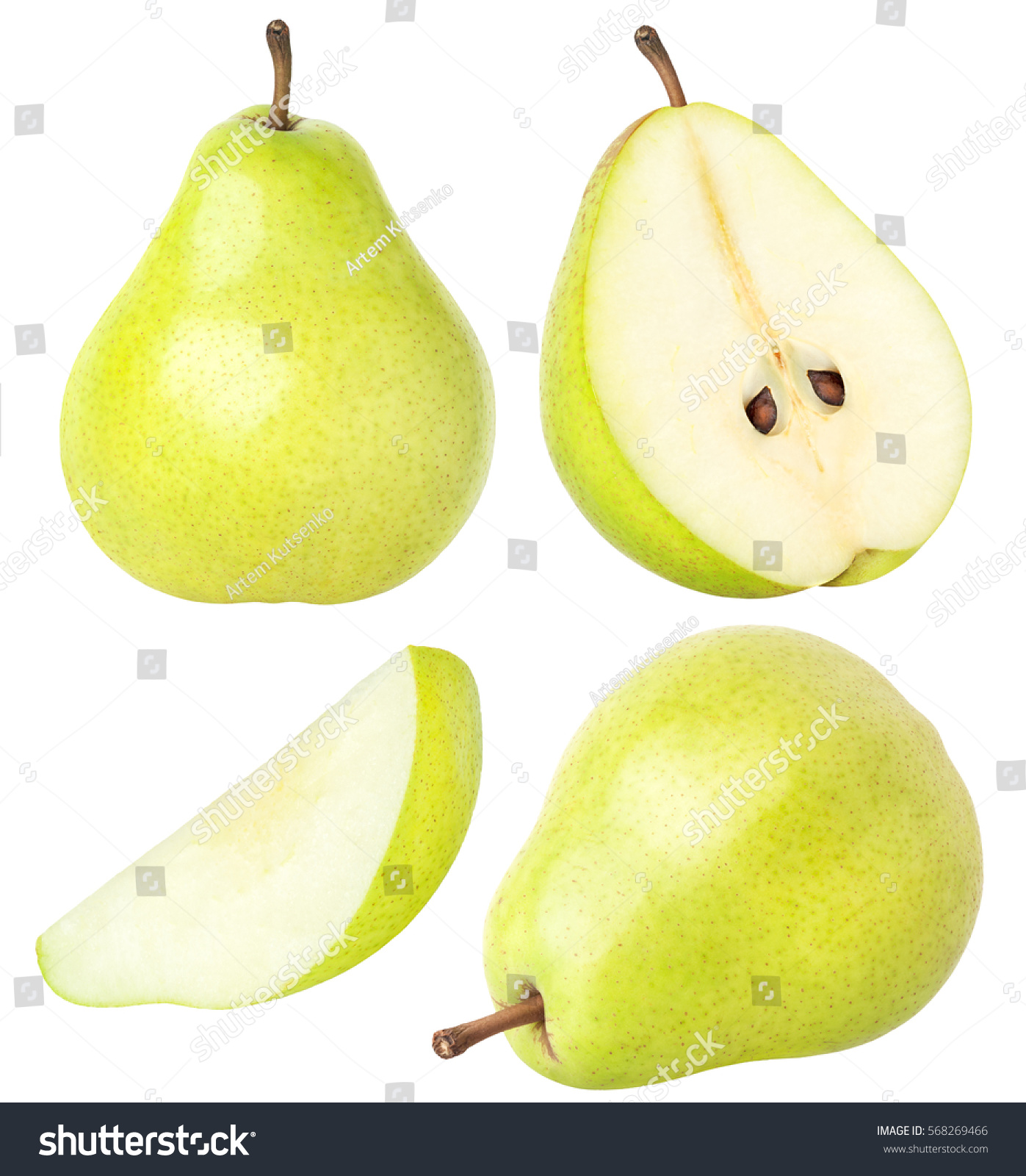 Isolated pears. Collection of whole and sliced pear fruits with leaves isolated on white with clipping path #568269466