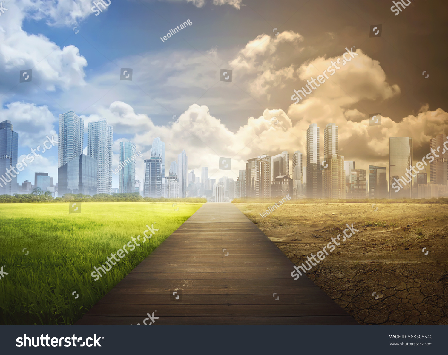 Landscape of timber pathway with the changing environment in the modern city #568305640
