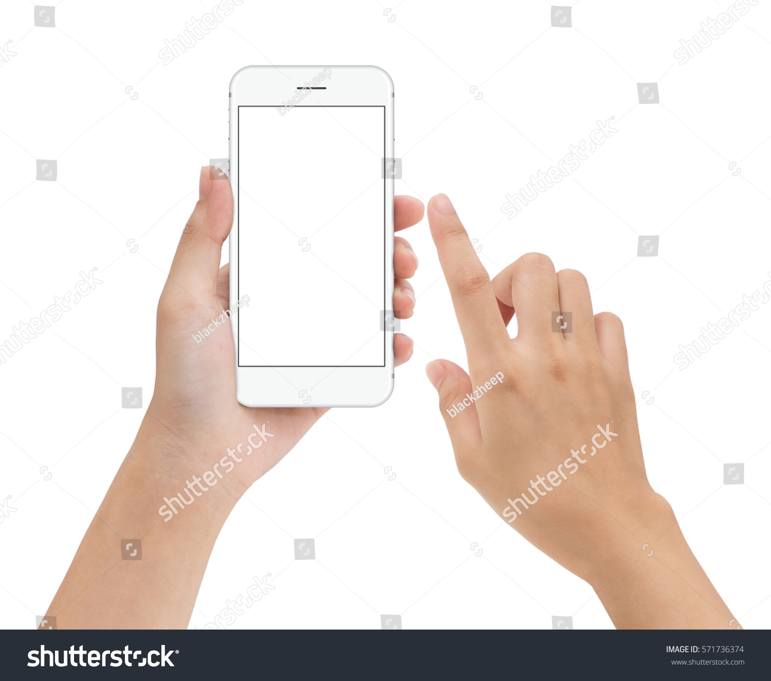 hand touching phone mobile screen isolated on white, mock up smartphone blank screen easy adjustment with clipping path #571736374