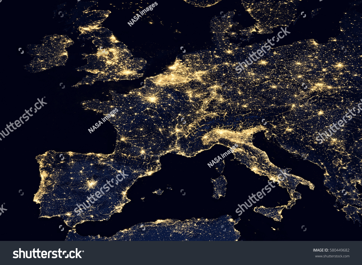 City lights on world map. Europe. Elements of this image are furnished by NASA #580449682