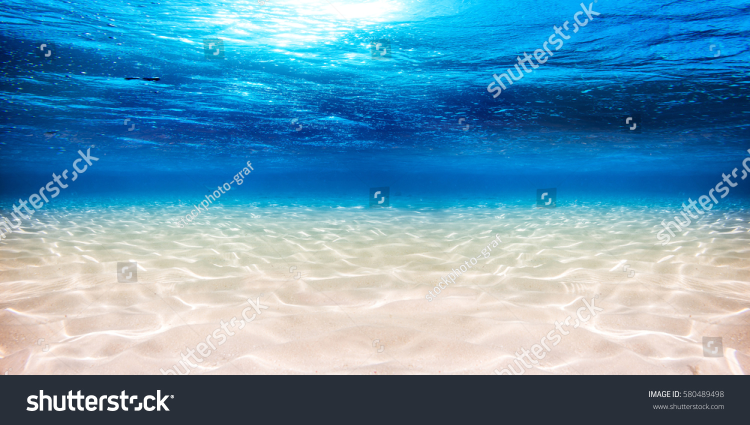 underwater blue ocean wide panorama background with sandy sea bottom #580489498