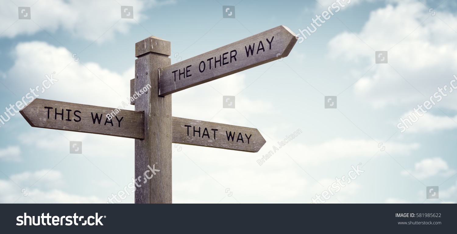 Crossroad signpost saying this way, that way, the other way concept for lost, confusion or decisions #581985622