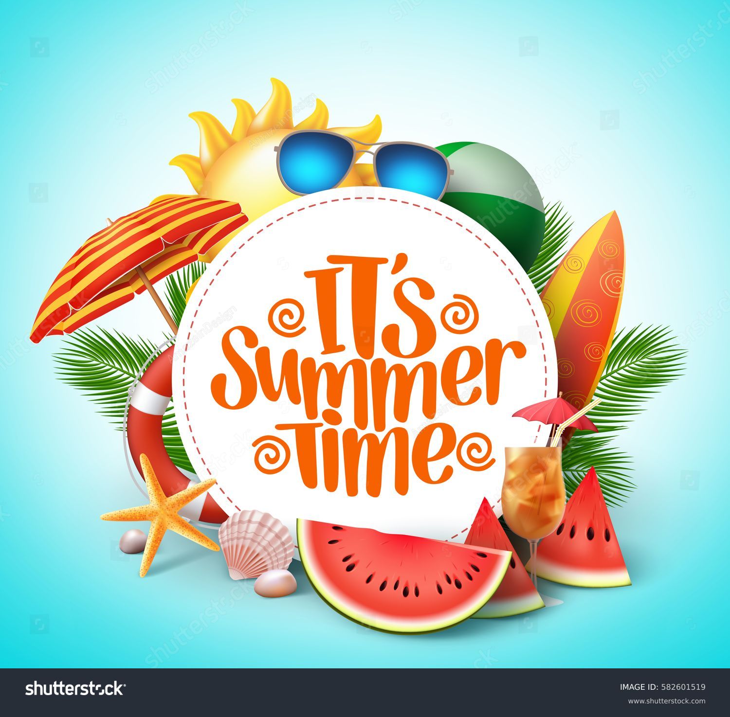 Summer time vector banner design with white circle for text and colorful beach elements in white background. Vector illustration.
 #582601519