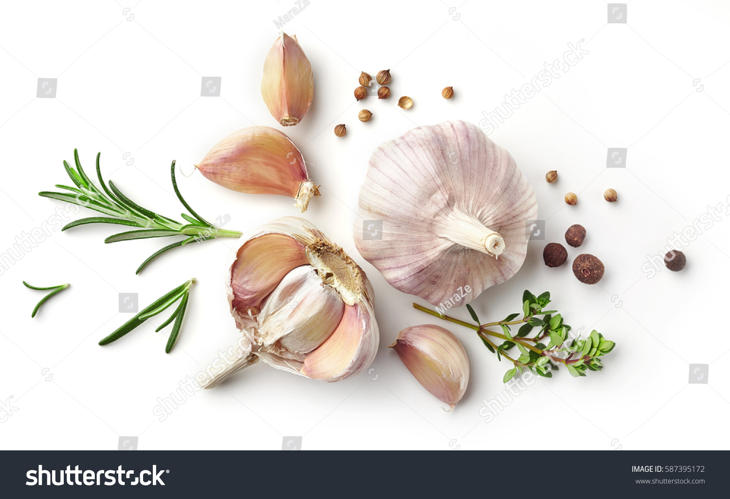 garlic and herbs isolated on white background, top view #587395172