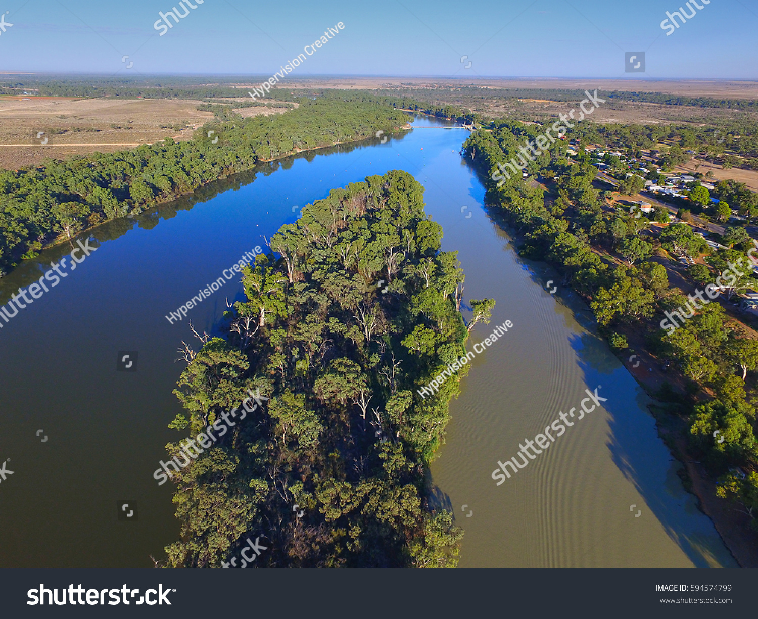 Aerial view of Murray Darling Junction with flood waters flowing in near Lock 10. Location Wentworth
 #594574799