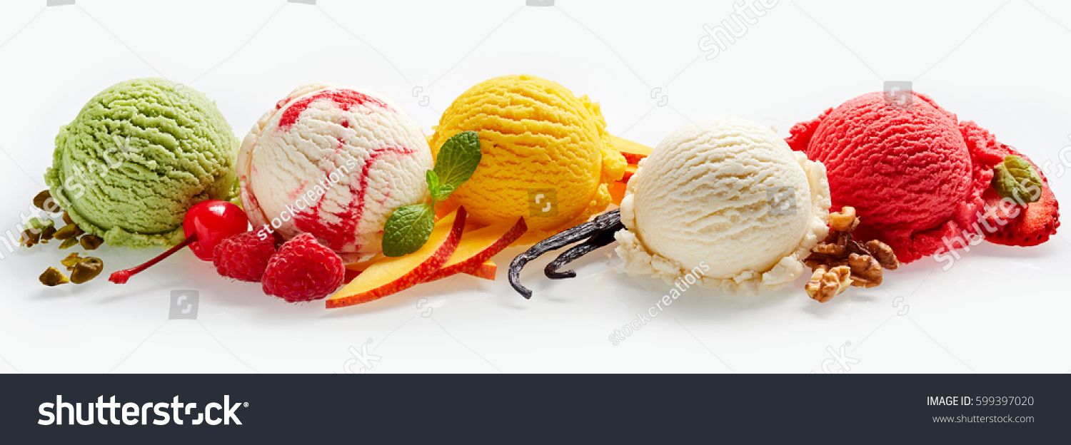 Set of ice cream scoops of different colors and flavours with berries, nuts and fruits decoration isolated on white background #599397020