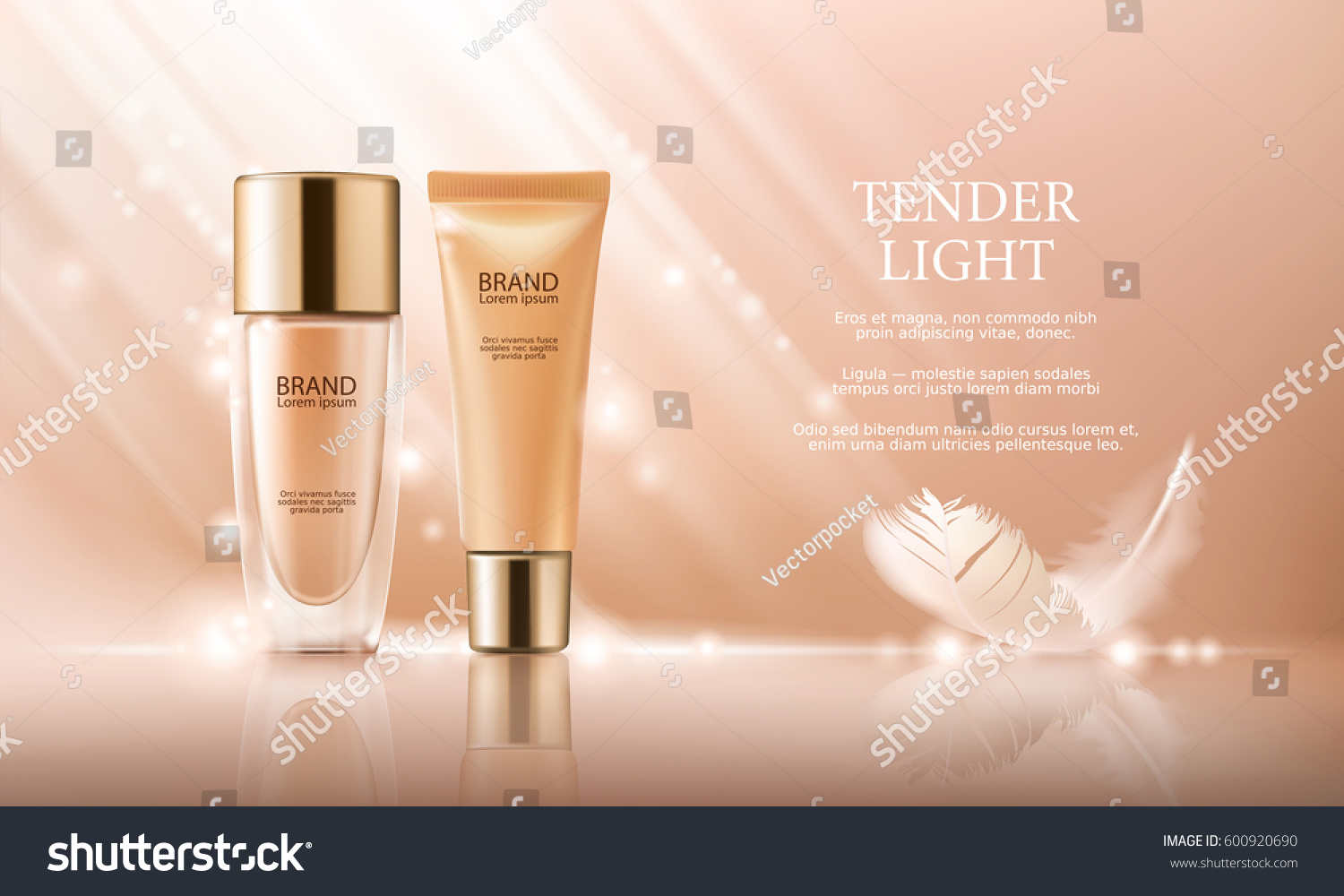 Vector 3D cosmetic illustration for the promotion of foundation premium product. Colorstay make-up in glass bottle and tube on a soft beige background with a feather #600920690
