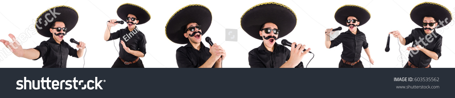 Funny man wearing mexican sombrero hat isolated on white #603535562
