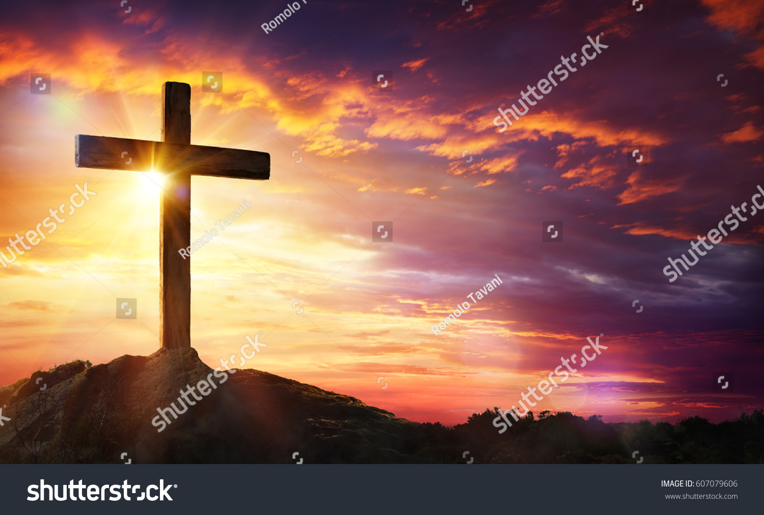Crucifixion Of Jesus Christ - Cross At Sunset
 #607079606