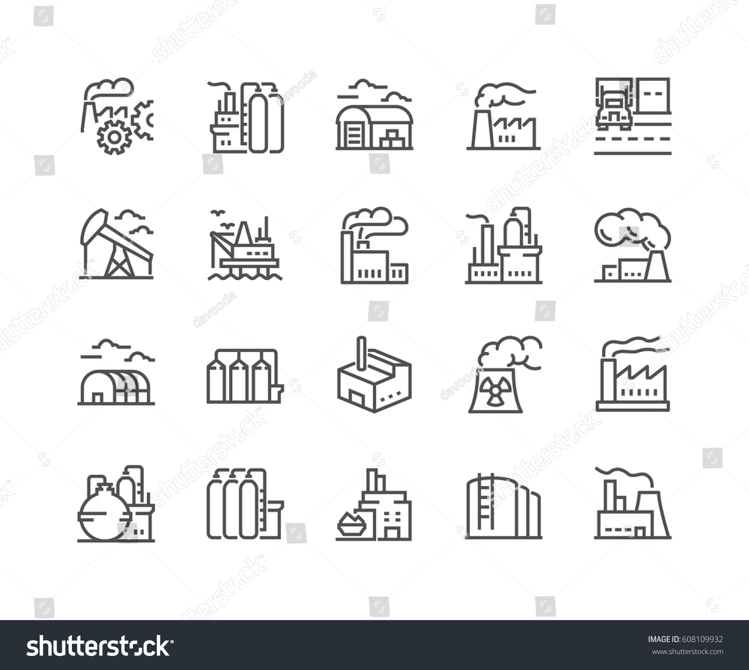 Simple Set of Factories Related Vector Line Icons. 
Contains such Icons as Truck Terminal, Power Station, Mine, Warehouse, Greenhouse and more.
Editable Stroke. 48x48 Pixel Perfect. #608109932