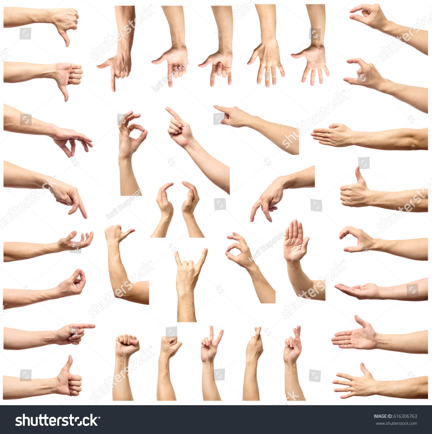 Male hand gesture and sign collection isolated over white background, set of multiple pictures #616306763