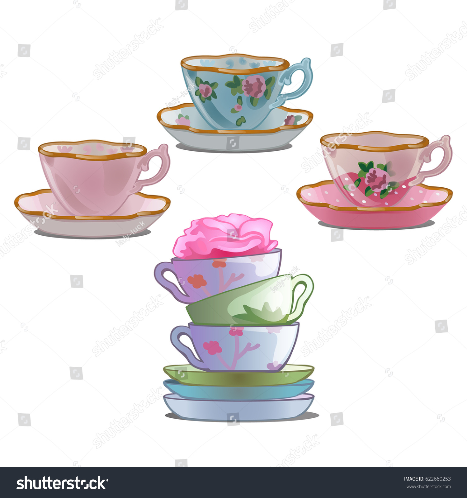 The set of dishes of Chinese porcelain for the tea ceremony isolated on white background. Vector cartoon close-up illustration. #622660253
