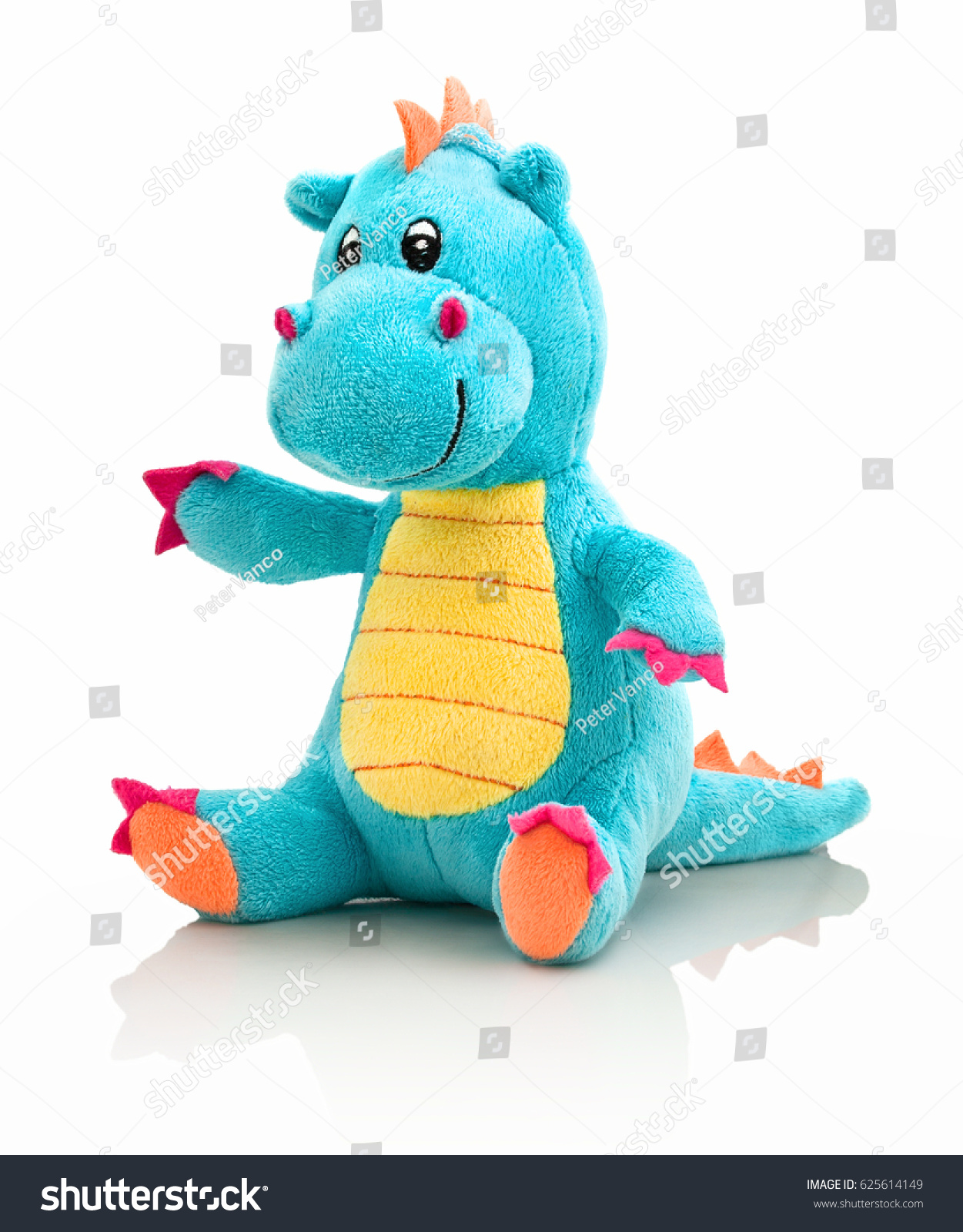 Dragon plushie doll isolated on white background with shadow reflection. Dragon plush stuffed puppet on white backdrop. Dino plushie toy. Aqua color stuffed dinosaur toy. Lizard toy sitting on white #625614149