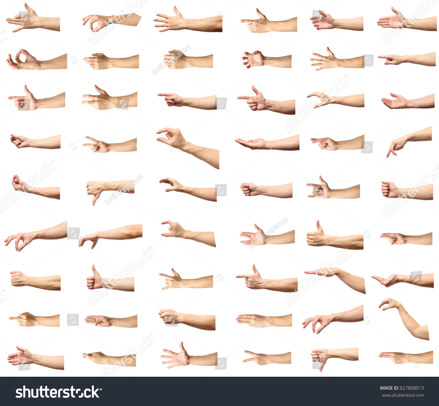 Multiple male caucasian hand gestures isolated over the white background, set of multiple images #627868013