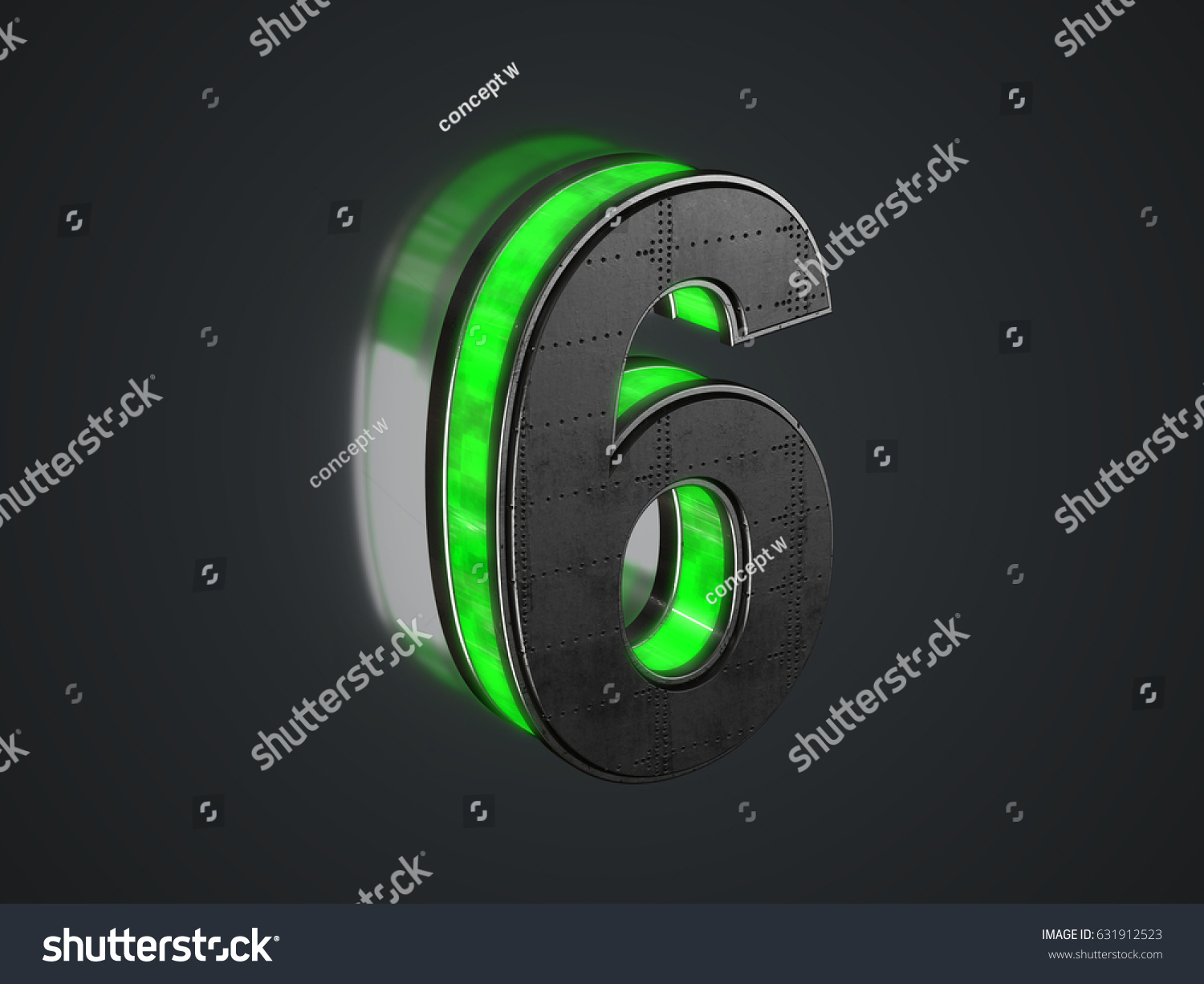 Futuristic number 6 - black metallic extruded number with green light outline glowing in the dark - 3D render #631912523