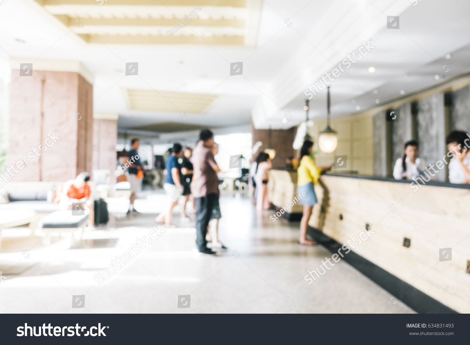 Abstract blur and defocused lobby in hotel interior for background - Vintage light Filter #634831493