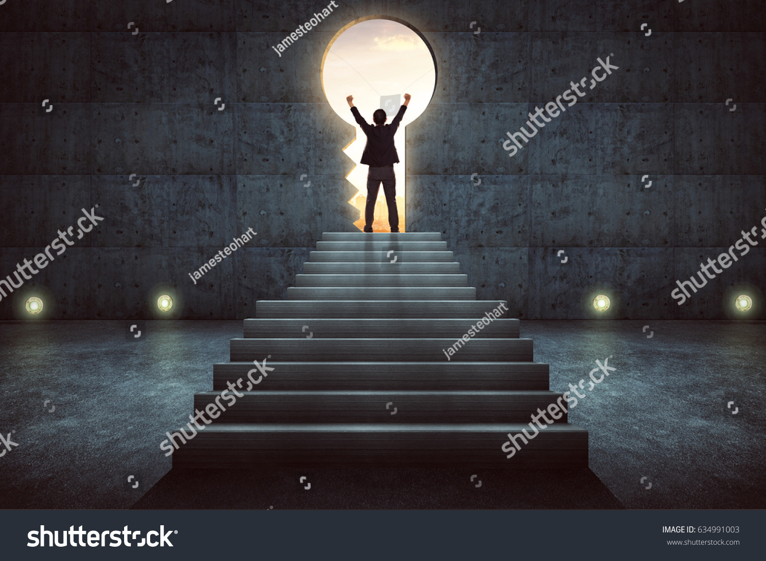Success businessman cheering on stair against concrete wall with key hole door ,sunrise scene city skyline outdoor view . #634991003