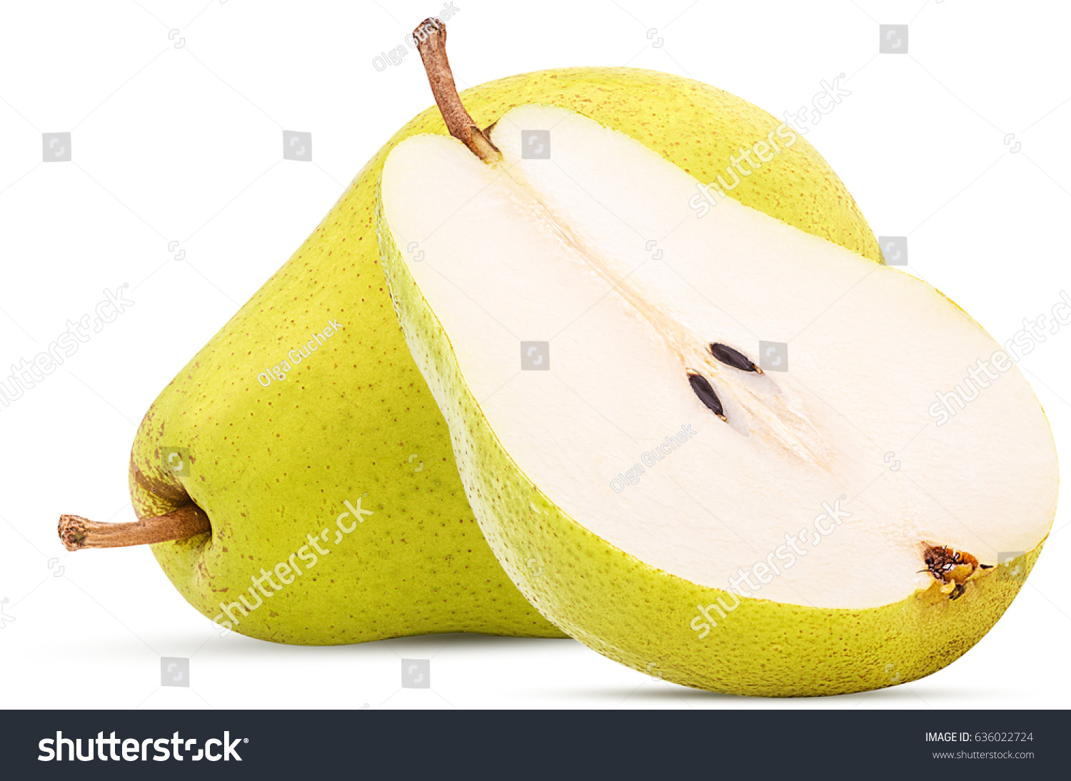 Fresh pears, one and a half yellow fruit isolated on white background #636022724