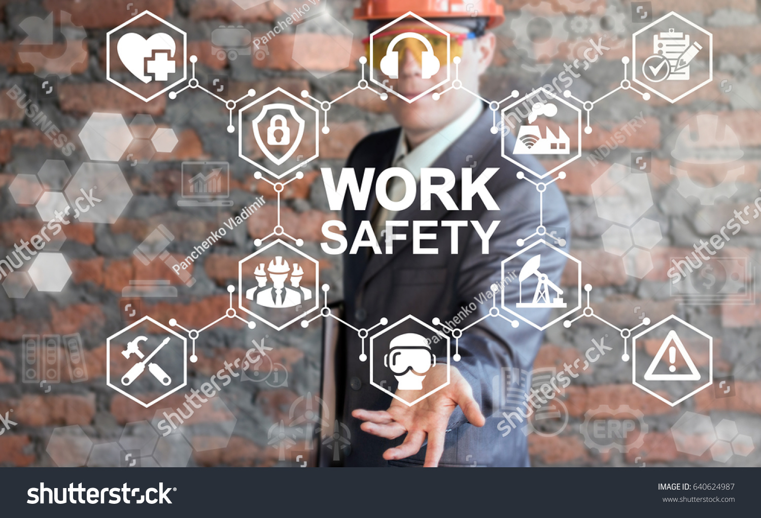 Work Safety Concept - regulations and standard in industry, business. First secure rules. Health protection, personal security people on job. Man in helmet offers work safety icon on virtual screen. #640624987