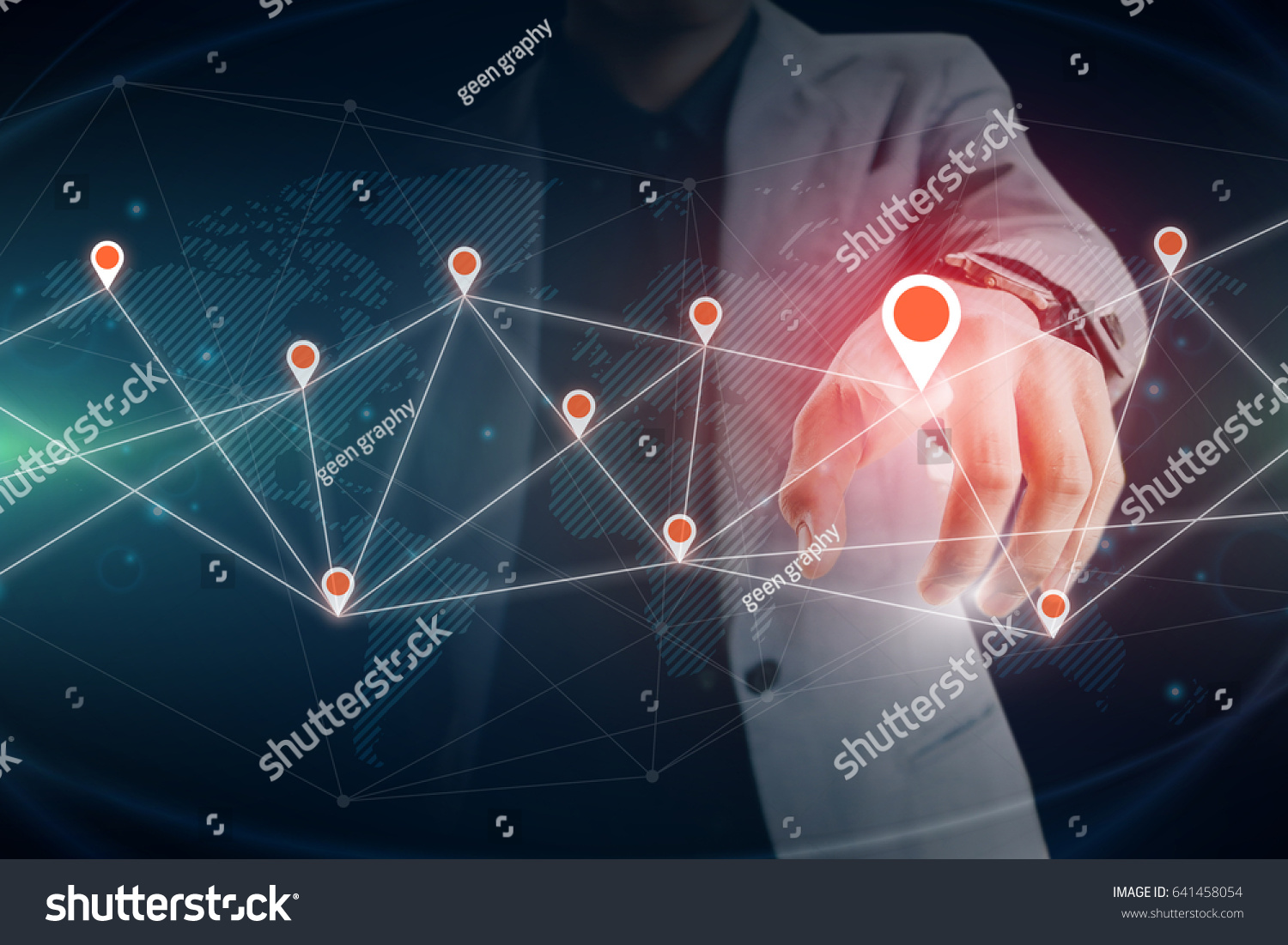 Businessman touching virtual private network on the touch screen world map on screen with connecting light between continents #641458054