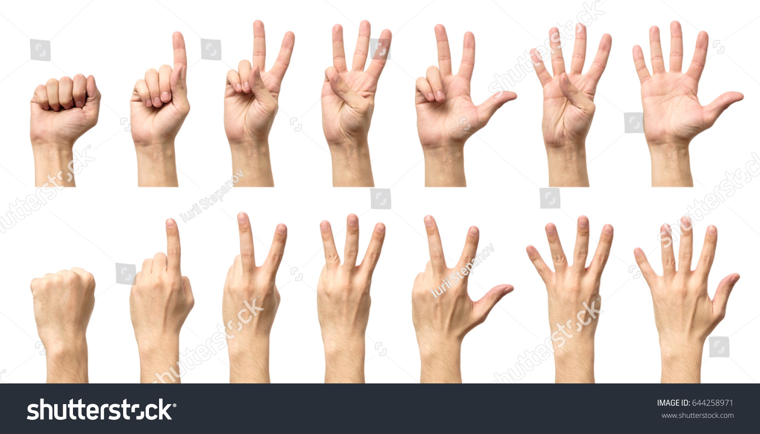 Male hands counting from zero to five isolated on white background #644258971