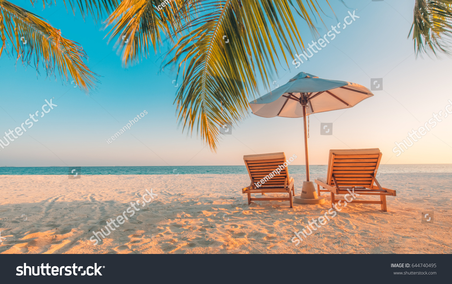 Tranquil beach scene. Exotic tropical beach landscape for background or wallpaper. Design of summer vacation holiday concept. #644740495