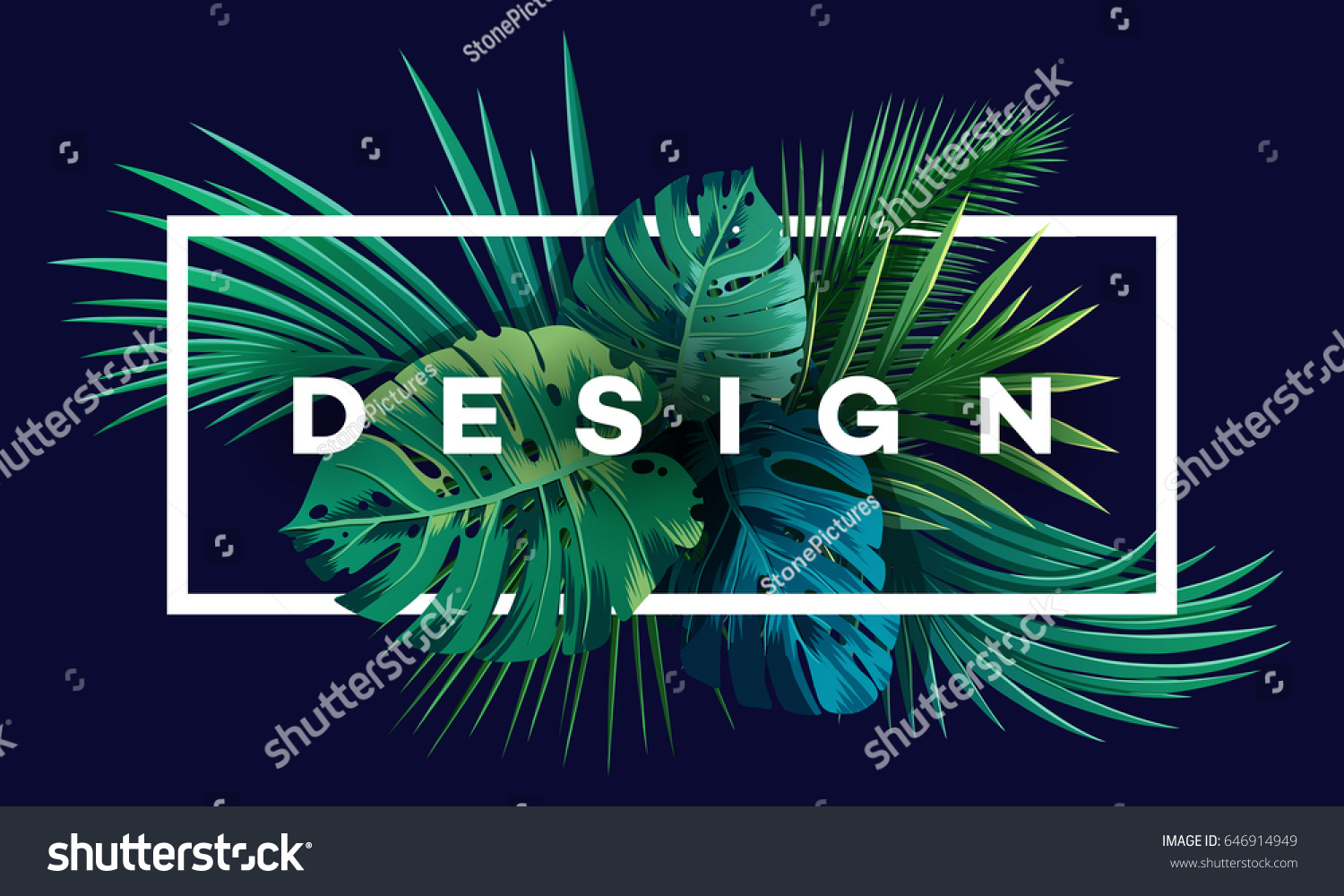 Bright tropical background with jungle plants. Vector exotic pattern with palm leaves. #646914949