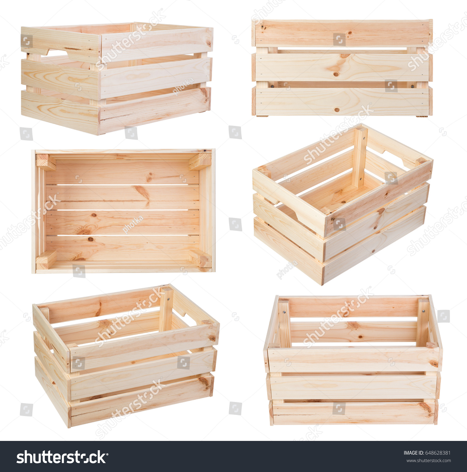 Wooden boxes isolated on white background #648628381