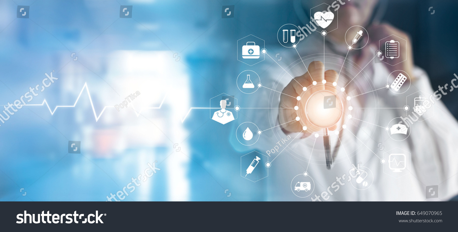 Medicine doctor and stethoscope in hand touching icon medical network connection  with modern virtual screen interface, medical technology network concept #649070965