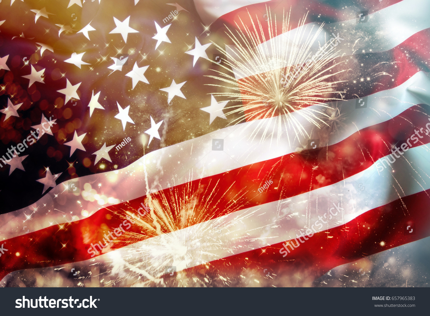 Celebrating Independence Day. United States of America USA flag with fireworks background for 4th of July #657965383