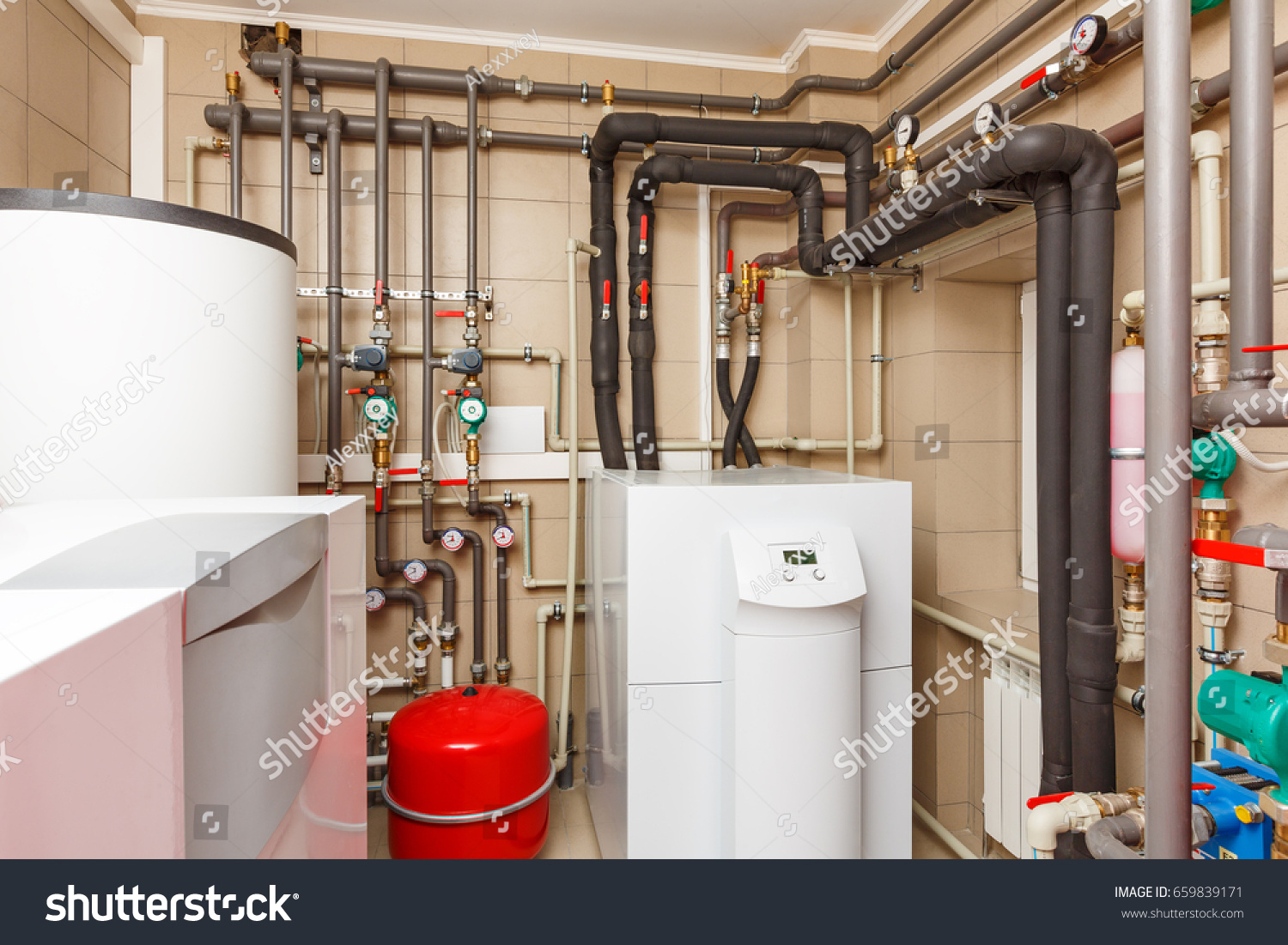 Household boiler house with heat pump, barrel; Valves; Sensors and an automatic control unit. #659839171