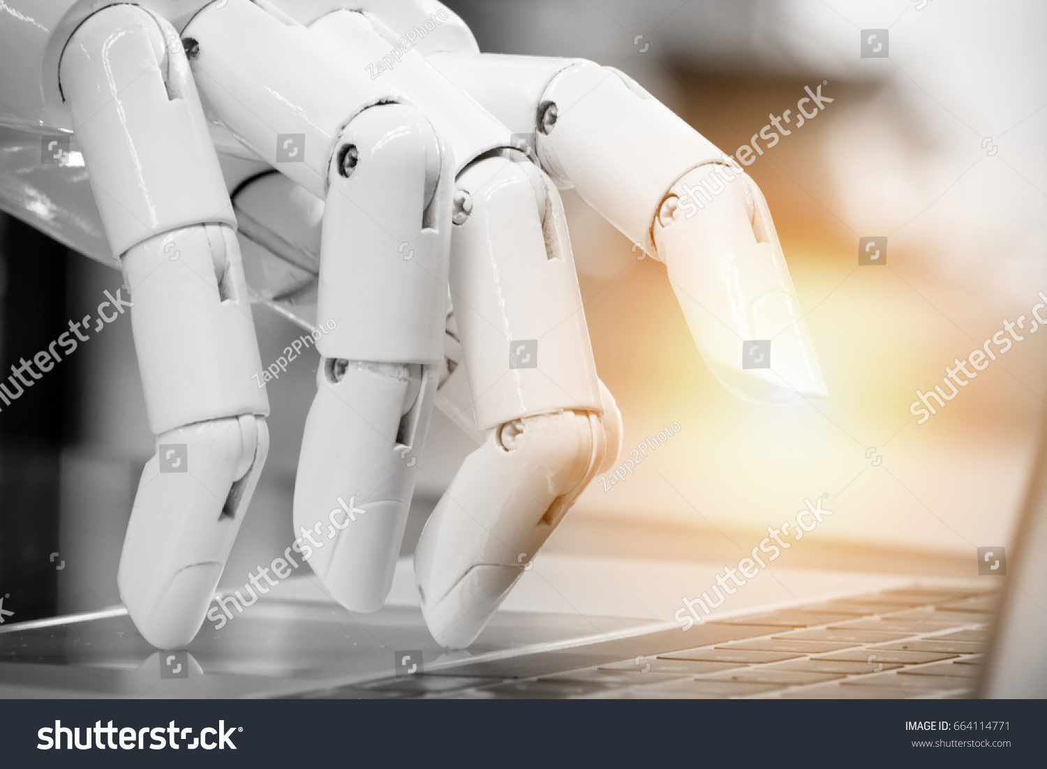 Robotic , artificial intelligence , robo advisor , chatbot concept. Robot finger point to laptop button with flare light effect. #664114771