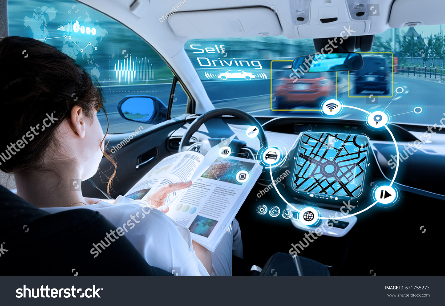 young woman reading a book in a autonomous car. driverless car. self driving vehicle. heads up display. automotive technology.
 #671755273