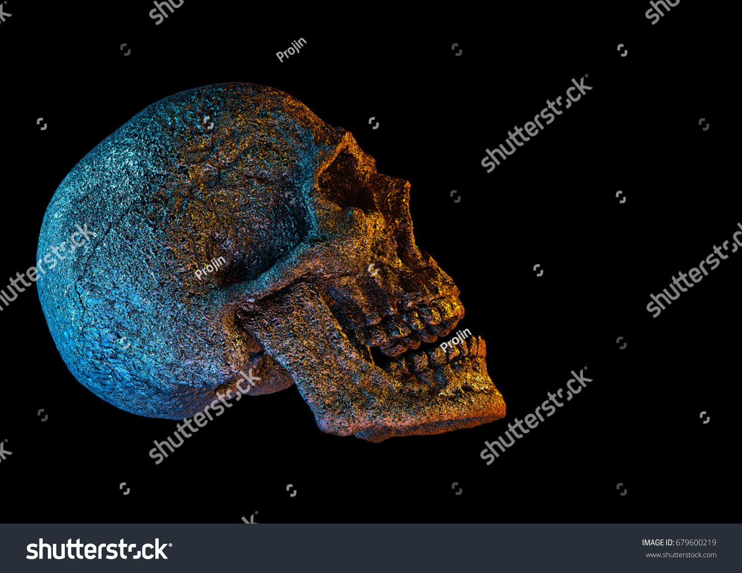 Human Scary Skull Locally Deformed in Rich colors in to the Black Background. Concept of death, horror. Spooky Halloween Symbol. Illustration of 3D rendering. #679600219
