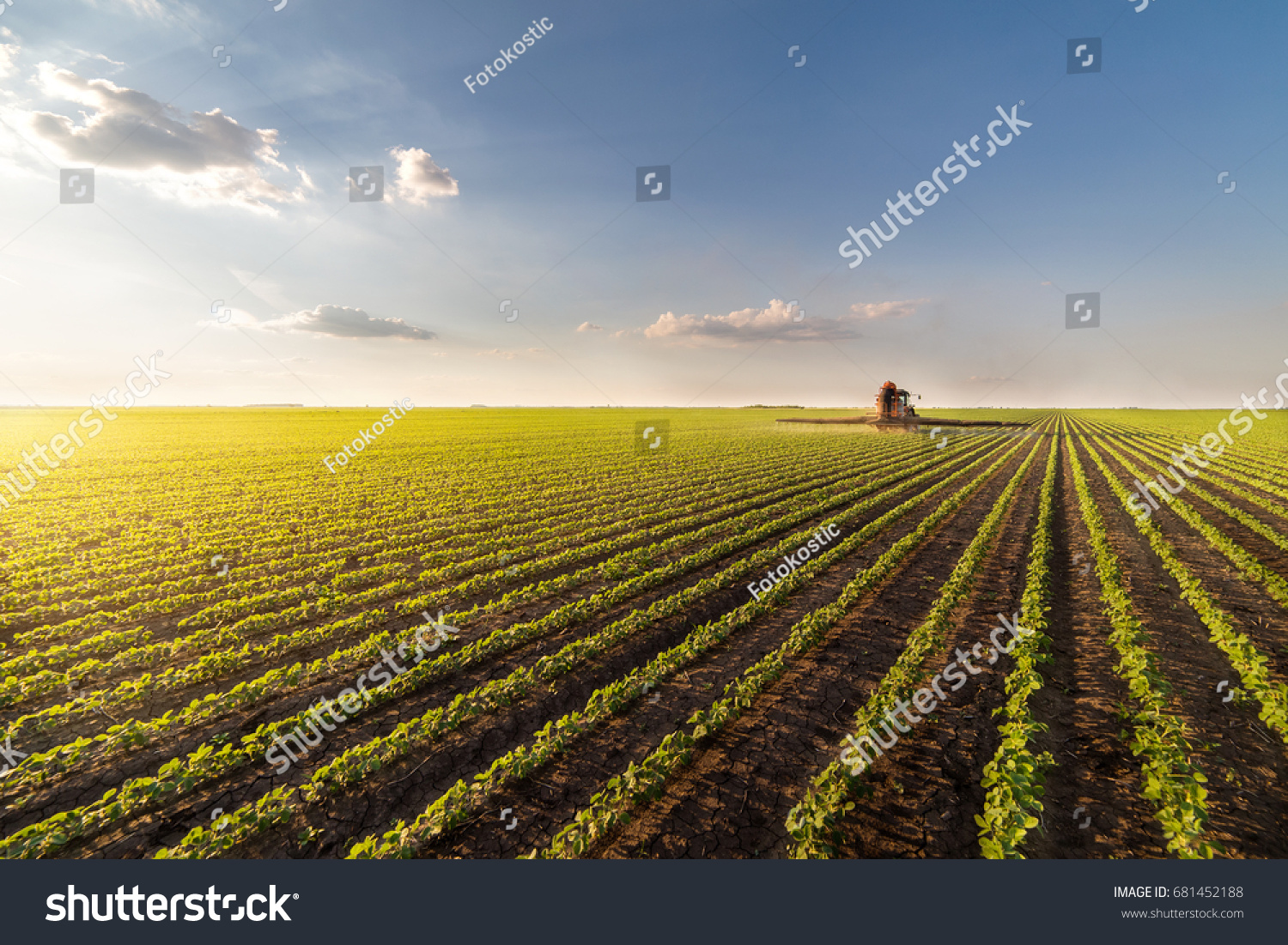 Tractor spraying pesticides on soybean field  with sprayer at spring #681452188