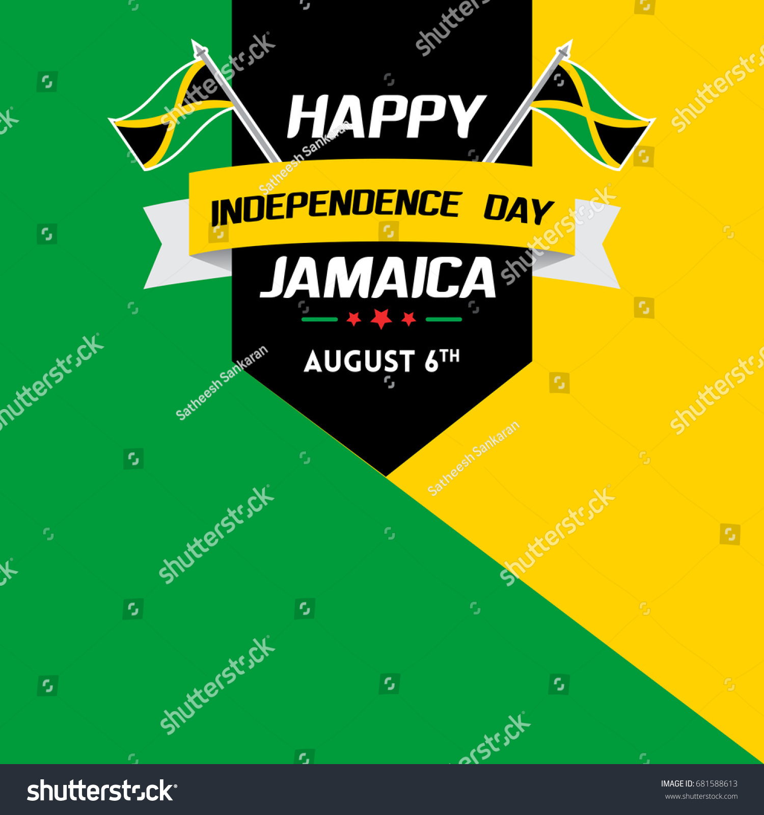 Happy Independence Day Celebration of Jamaica greetings and wishes. Creative concept vector illustration with flag and patriotic elements.  #681588613