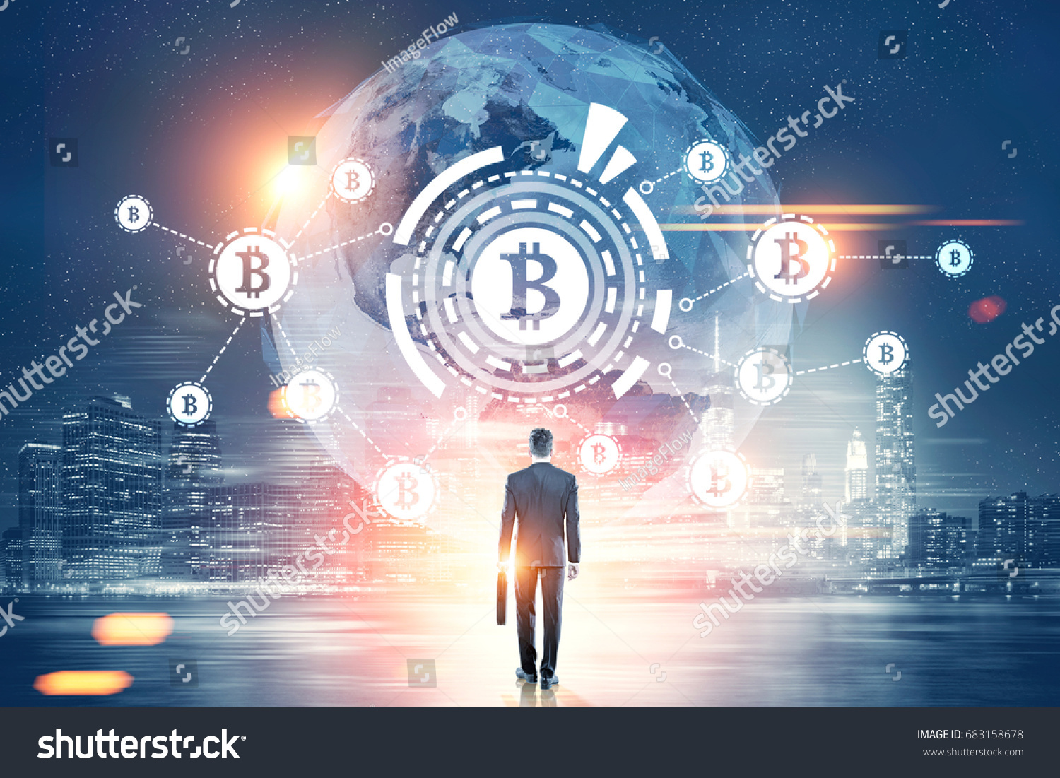 Rear view of a businessman with a suitcase looking at a bitcoin network with a bitcoin sign inside an HUD, world map. Night city. Toned image double exposure Elements of this image furnished by NASA #683158678