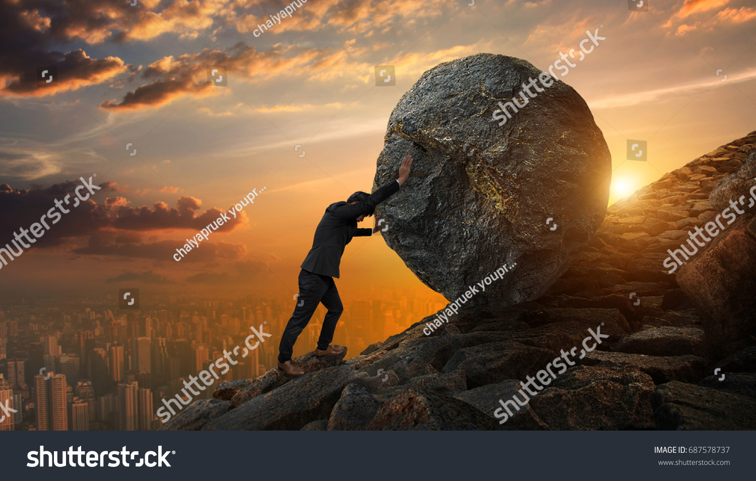 Business man pushing large stone up to hill , Business heavy tasks and problems concept. #687578737