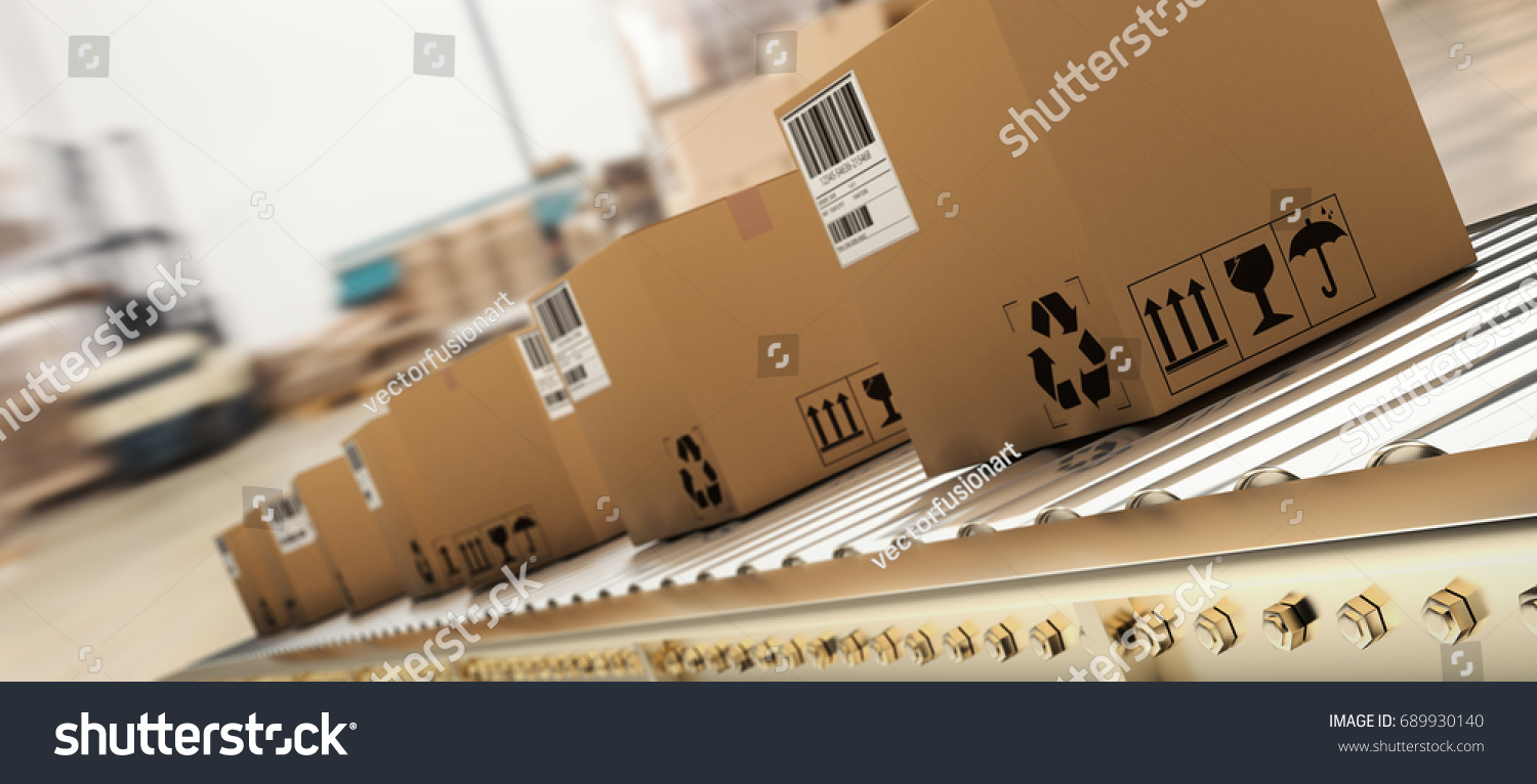 Packed courier on production line against  cardboard boxes in warehouse #689930140