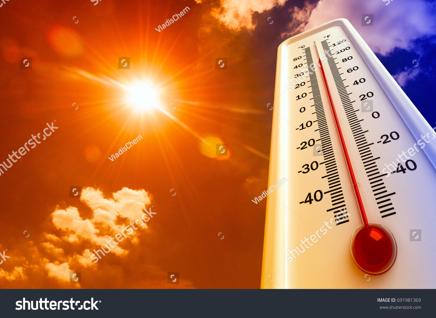 Heat, thermometer shows the temperature is hot in the sky, Summer #691981369