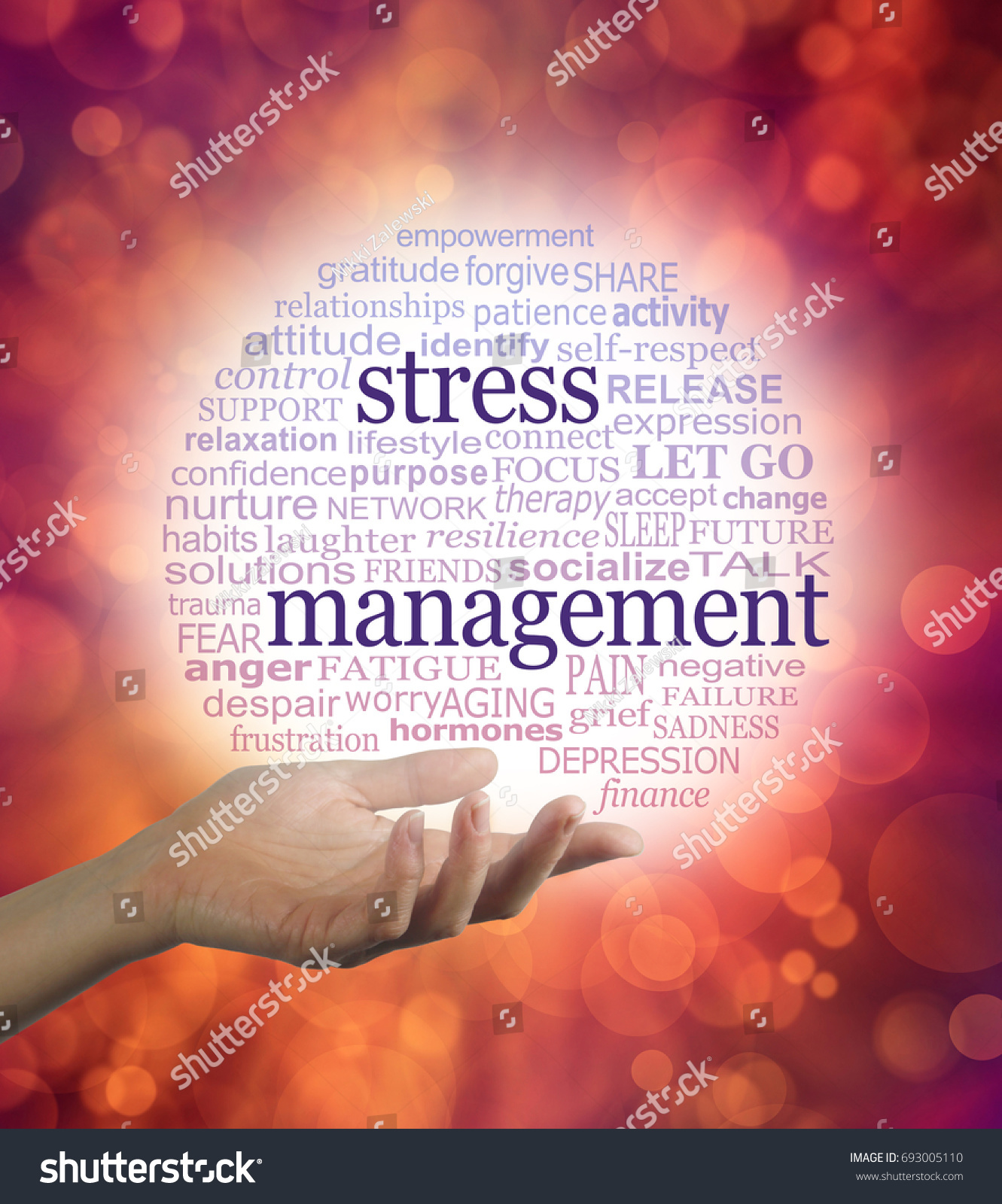 Stress Counselor with a Stress Management word bubble -  a hand held open with a red to blue graduated circular world cloud containing words relevant to stress management
 #693005110