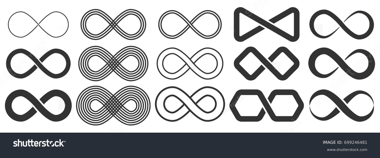 Infinity symbol. Vector logos set. Black contours of different shapes, thickness and style isolated on white. Symbol of repetition and unlimited cyclicity. #699246481