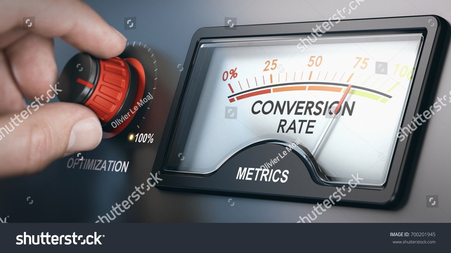 Hand turning optimization knob up to 100 percent and dial indicating conversion rate metrics. CRO concept. Composite image between a hand photography and a 3D background. #700201945
