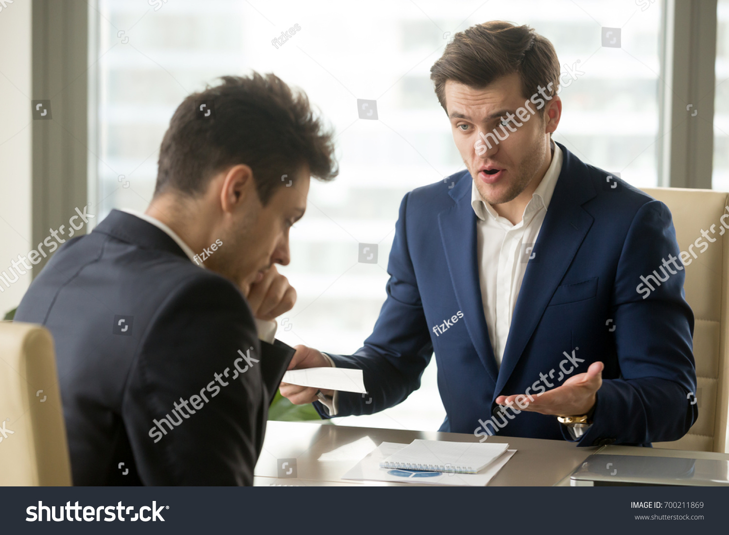 Angry mean boss yelling at employee for missing deadline, executive manager scolding ineffective salesman showing bad work results, firing worker for failure, team leader dissatisfied with report #700211869