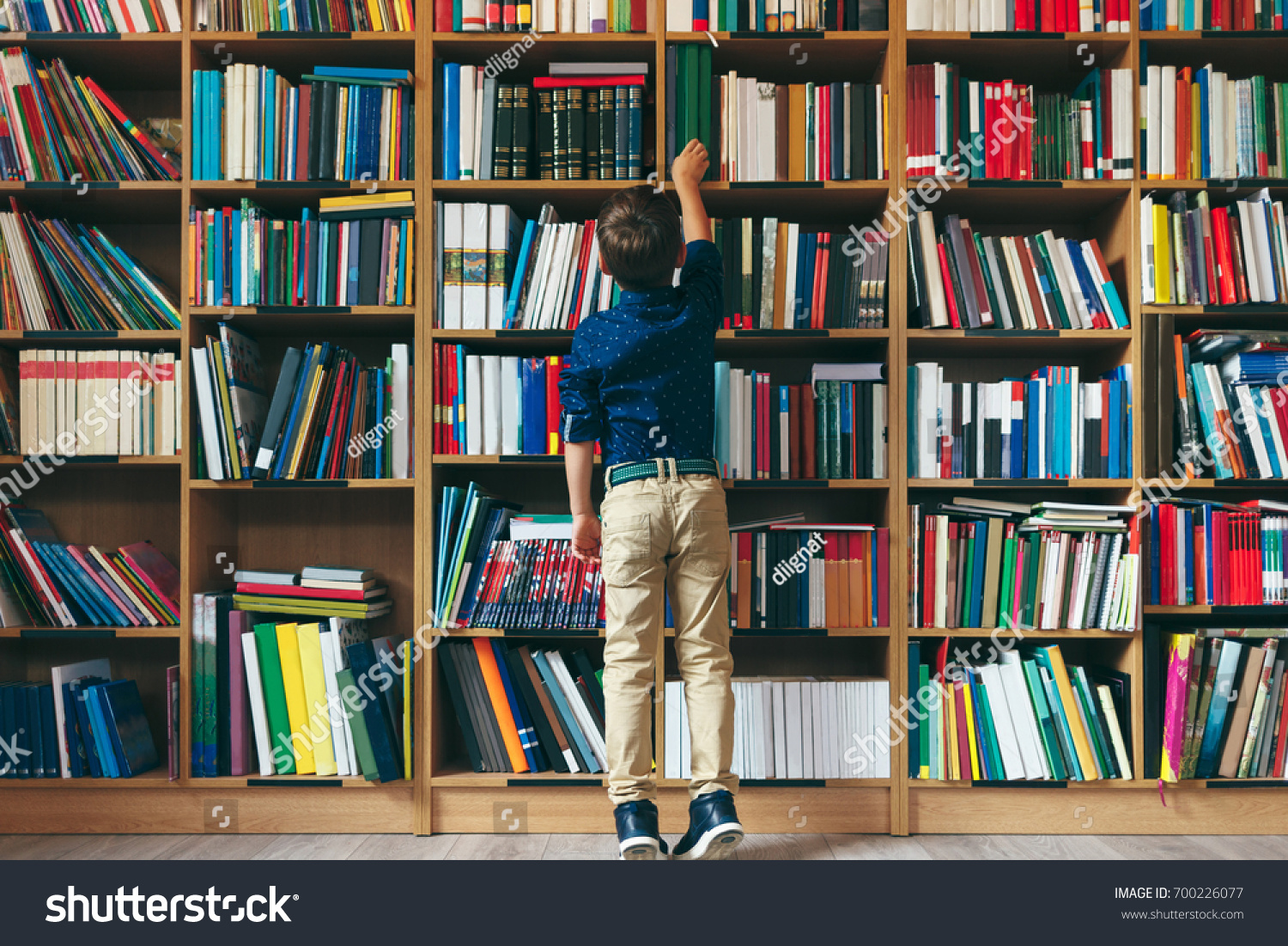 Back view, boy stretches after a book on multi colored bookshelf in library. Education, Knowledge, Bookstore, Lecture. #700226077
