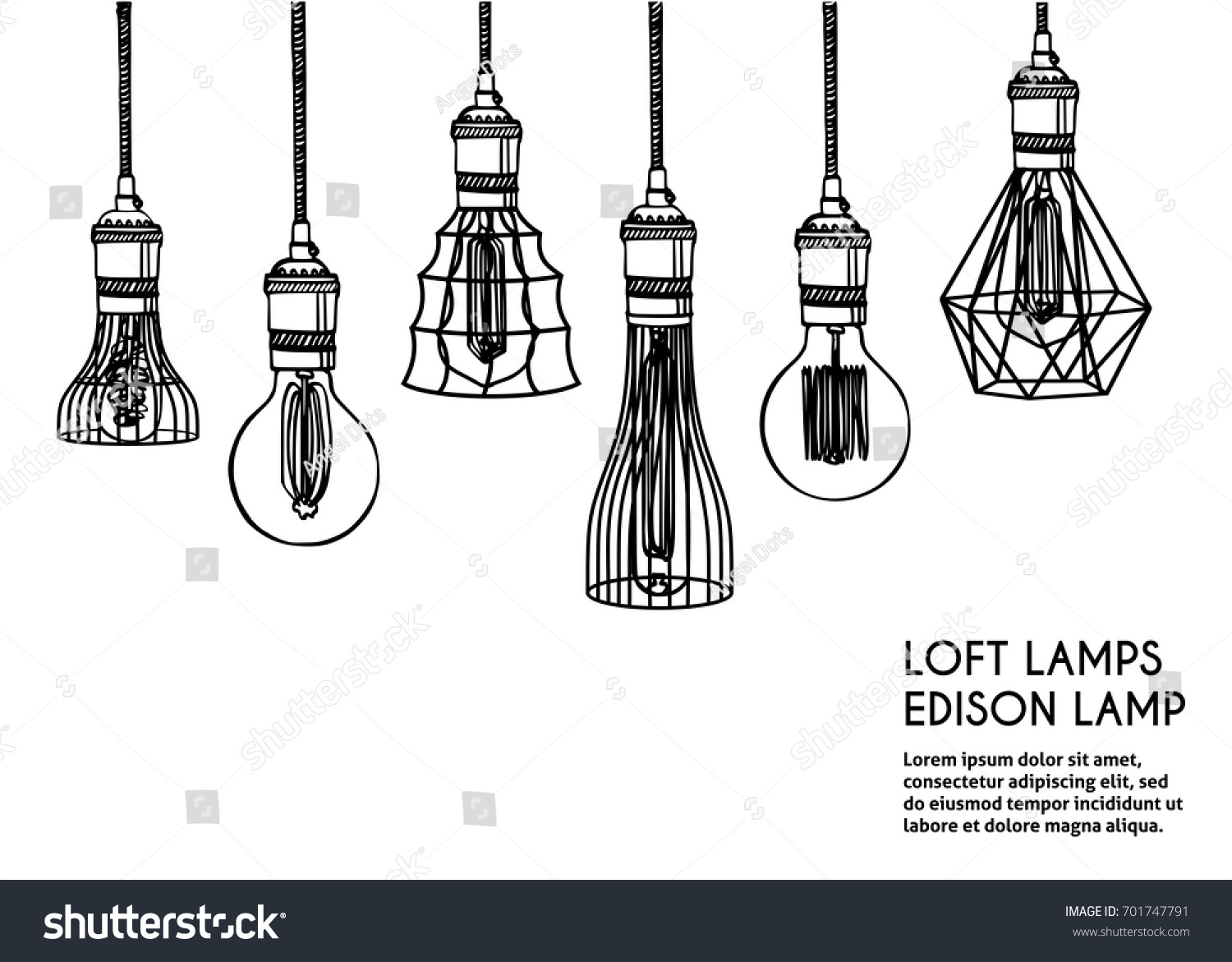 Hand drawn vector set of different geometric loft lamps. Edison lamps and modern chandeliers sketch. Vintage light bulbs doodle art hanging free hand line style vector #701747791