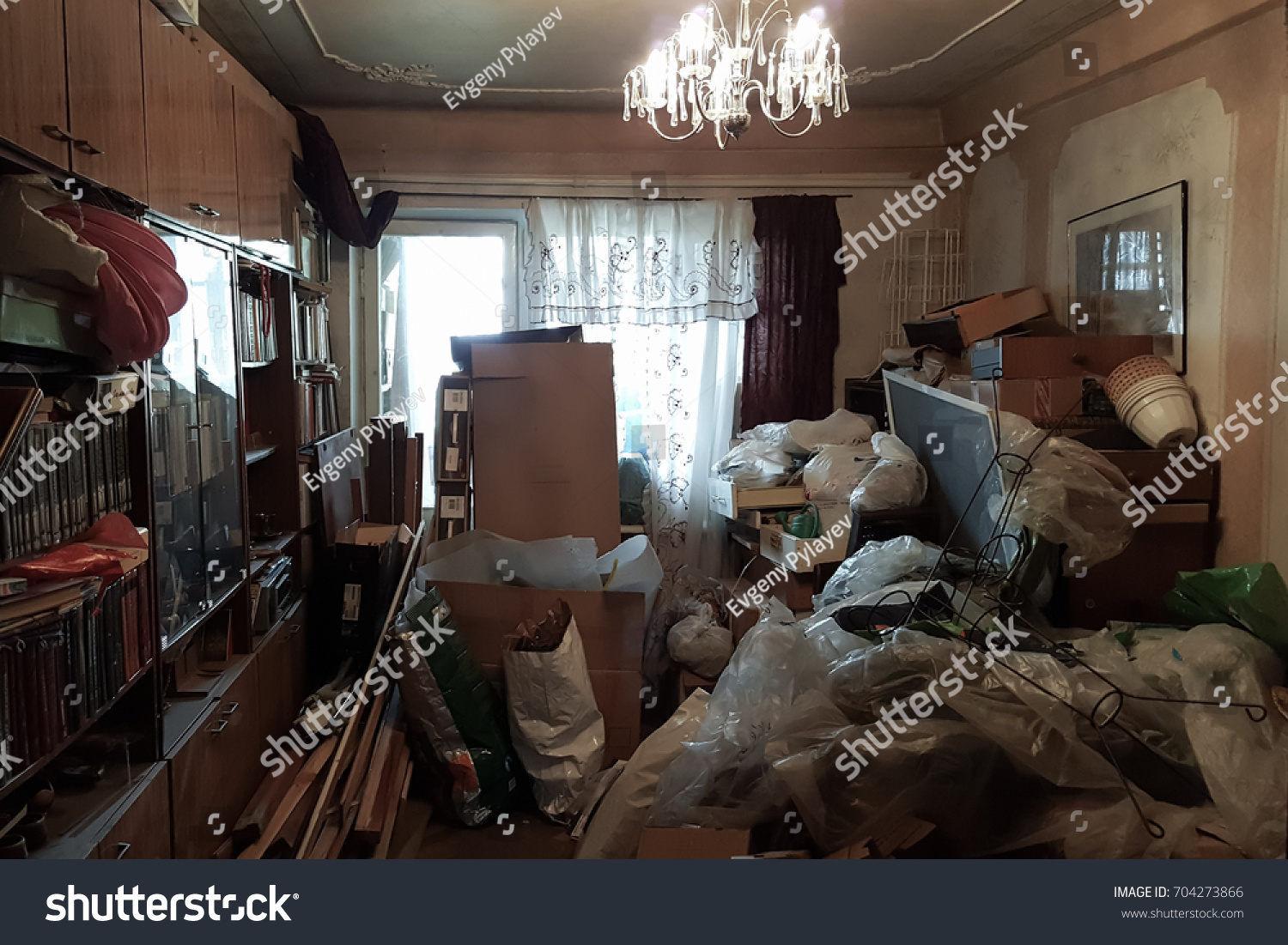 Apartment of a pensioner who suffers from compulsive hoarding, littered with trash and books #704273866