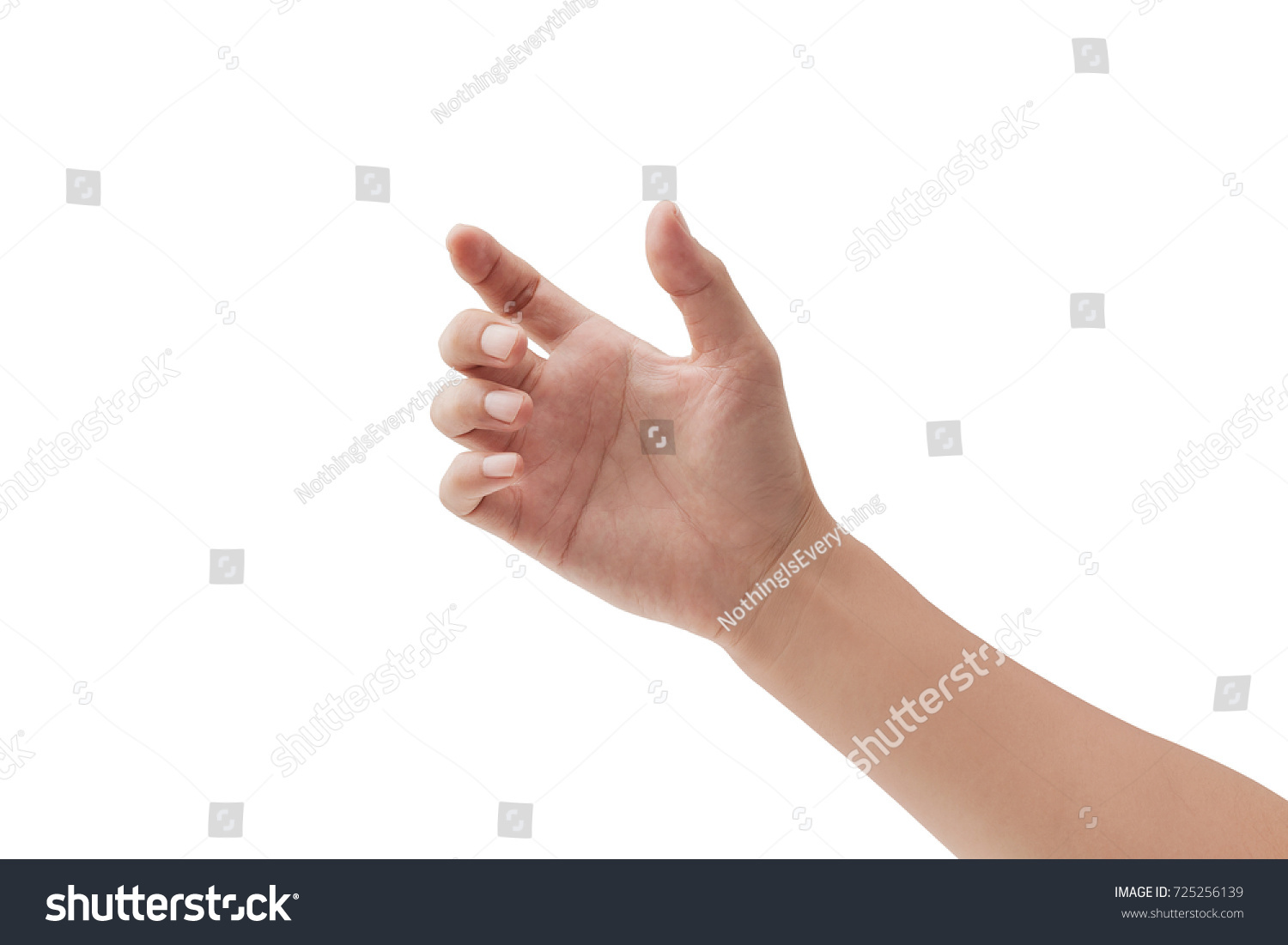 a hand holding something like a bottle or smartphone on white backgrounds, isolated #725256139