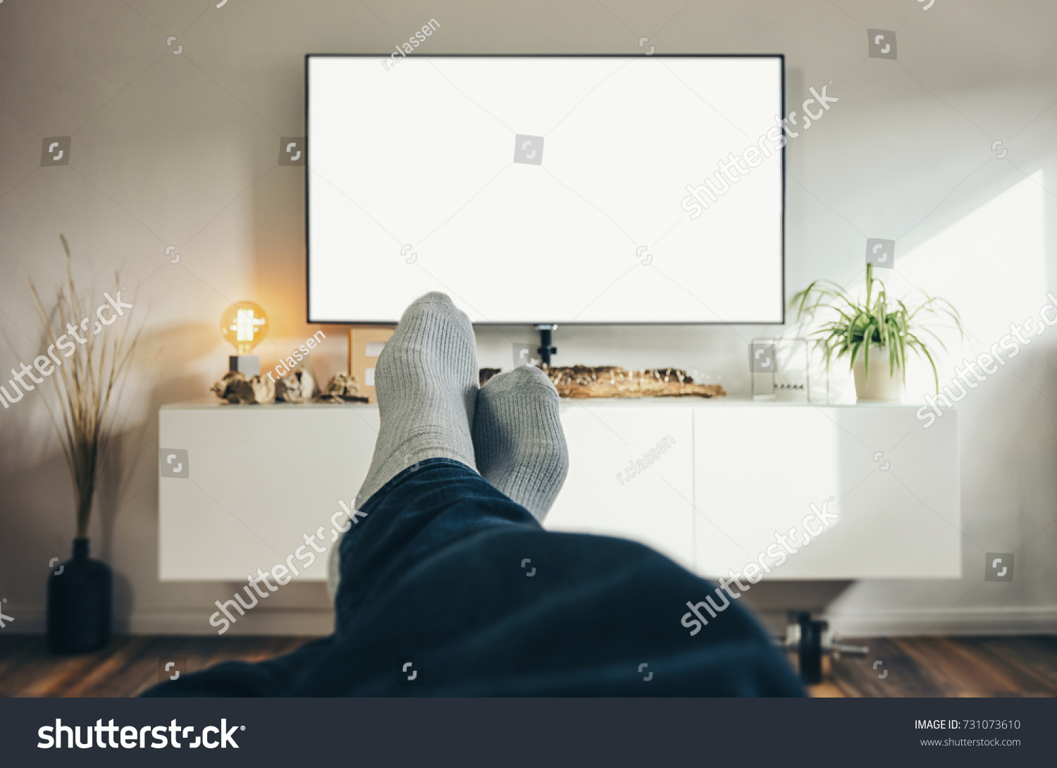 Man Watching TV in his living room, point of view perspective. #731073610