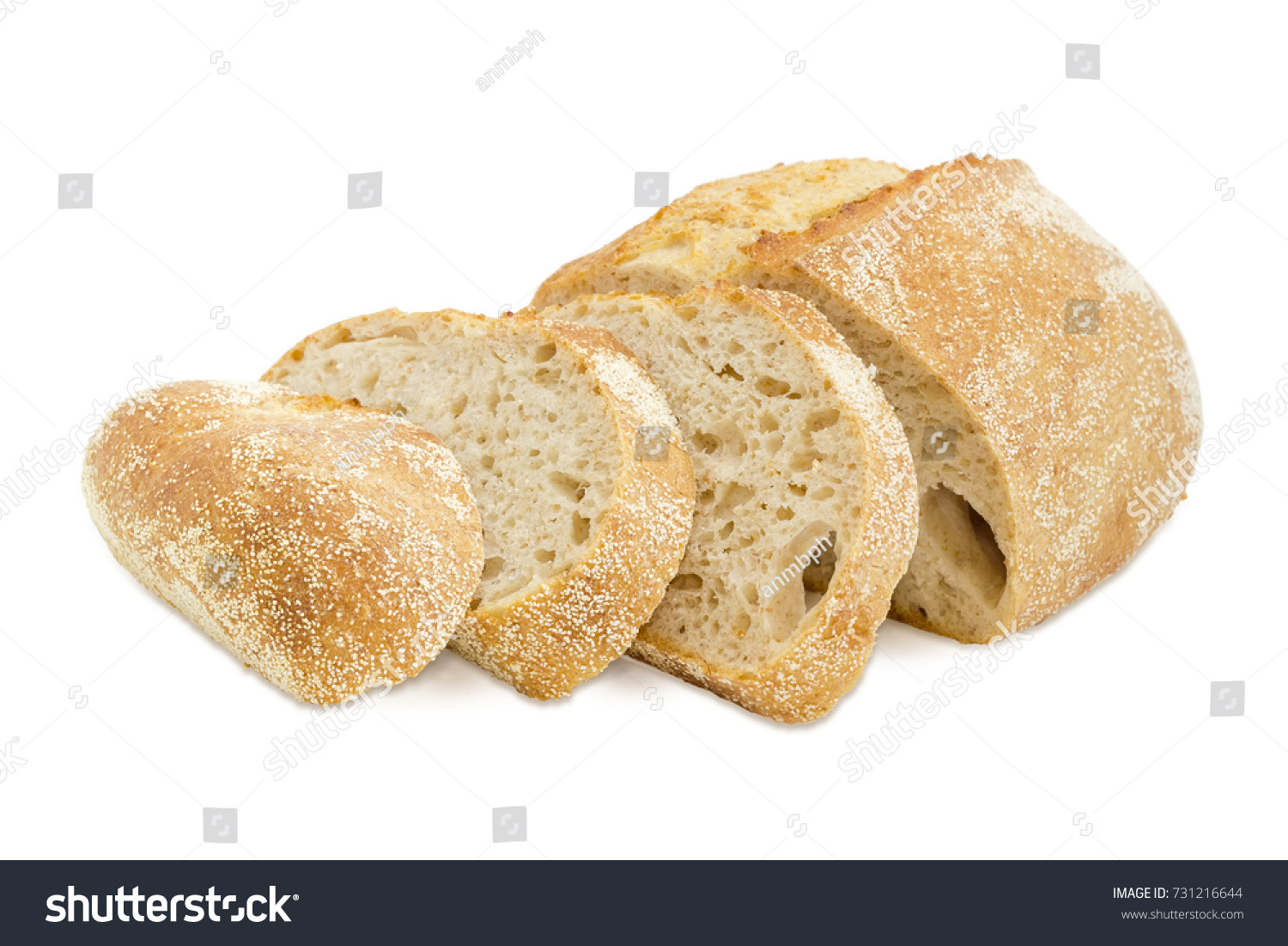 Partially sliced loaf of the wheat sourdough hearth bread with bran on a white background #731216644